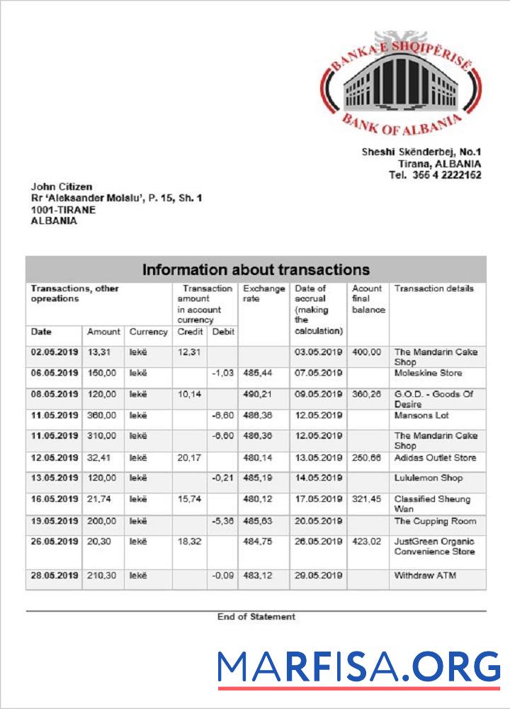 Blank Albania Bank of Albania bank statement example